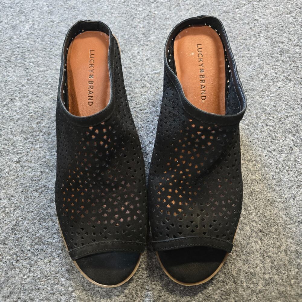 Lucky Brand Shoes Women Size 9.5 Black Mule Slides Peep Toe Stacked Heel Capsule - Picture 3 of 11